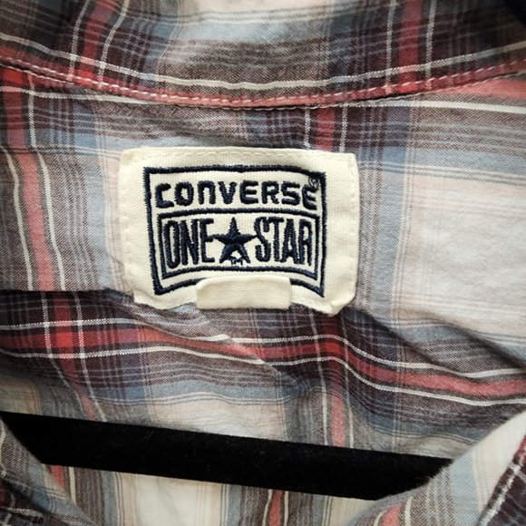Converse One Star Flannel Shirt Mens Medium Red Black Button Up Long Sleeve - Picture 4 of 8